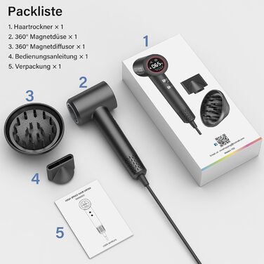 Фен з дифузором, 110000 об/хв безщітковий двигун, низький шум 57dB, для подорожей та дому, Dark Grey