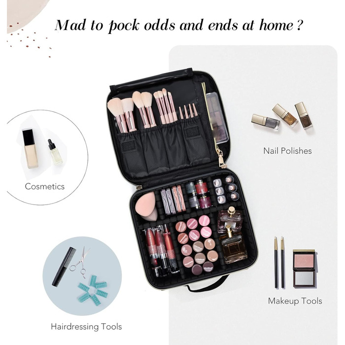 Косметичка для макіяжу та косметики, органайзер для подорожей, чорна. З ручкою та регульованими перегородками