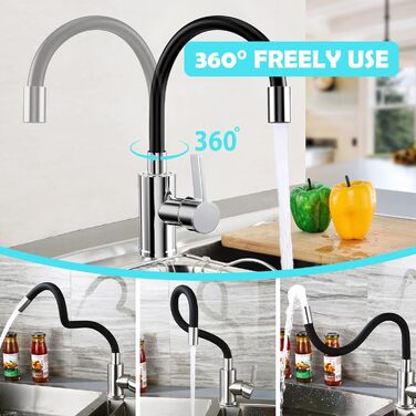 Чорний кухонний змішувач з гнучким виливом, 360° поворот, однорідний, з економічним аератором, нержавіюча сталь