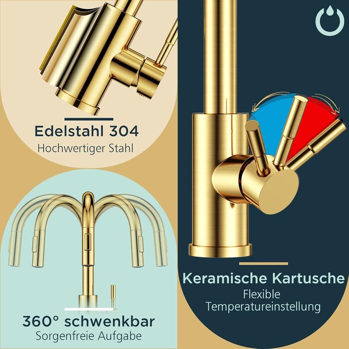 Кран кухонний FORIOUS, Чорний, з висувною лійкою, поворотний на 360°, з покриттям Gold