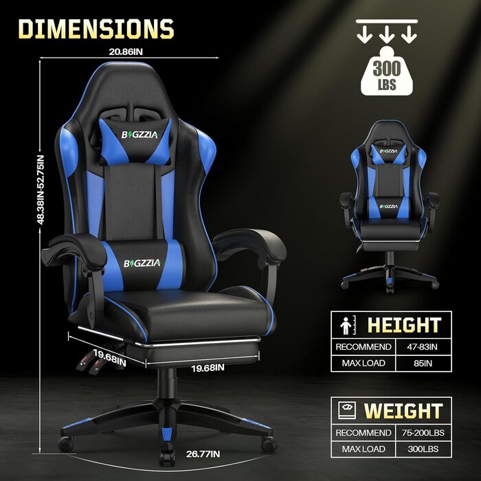 Ігрове крісло Bigzzia Ergonomic Gaming Stuhl з підставкою для ніг та функцією масажу, синій