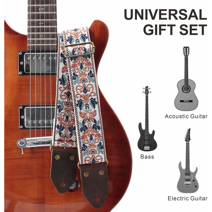 Гітарний ремінь Nefelibata з жаккардовим плетінням, бавовна, шкіряні кінці, для бас-гітари, електрогітари та акустичної гітари, подарунок для дітей та гітаристів, ретро золотий жаккард