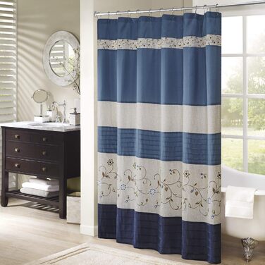Штора для душу Madison Park Serene Flora, бавовна, вишивка, 72x72 см, колір Navy