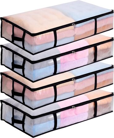 4 шт. Коробки для зберігання під ліжко 90л з кришкою, прозорі, великі, складані, з ручками, для постільних речей, подушок, одягу (4 шт.)