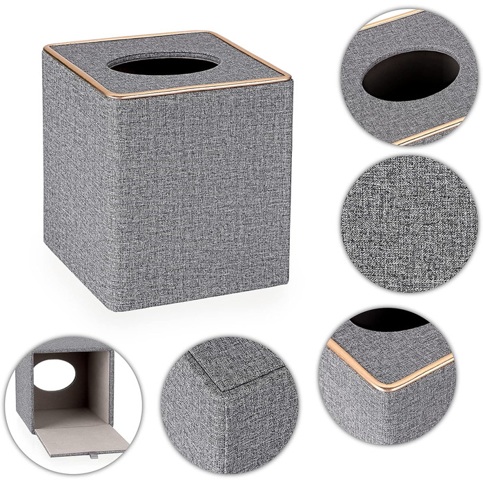 BTSKY Square Tissue Box Cover in Linen with Decorative Gold Line – Cube-Shaped Tissue Paper Holder, Tissue Storage, Organizer, Tissue Box Dispenser, Serviette Box, Gray
