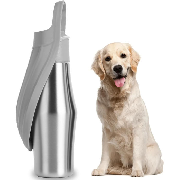 Водяна пляшка для собак на прогулянці 750 мл - витоки неможливі, нержавіюча сталь, подвійні стінки, ізольована, сірий колір