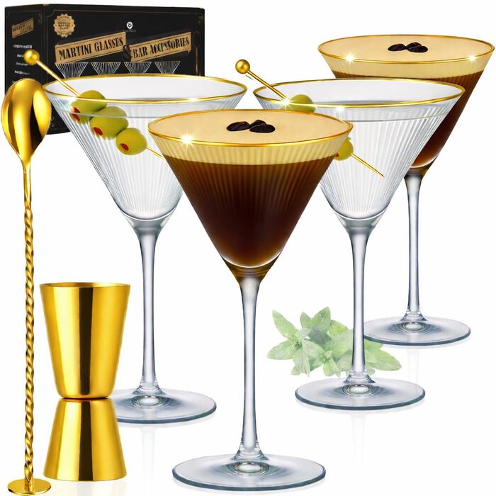 Набір келихів для еспресо-мартіні Vemacity Elegante (4 шт.) | Келихи для коктейлів ручної роботи | Келихи для шампанського, маргарити та коктейлів | Елегантні келихи для мартіні | Ідеальний подарунок (4 класичних келихи з рифленням + золотий аксесуар)