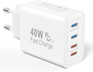 Мережевий адаптер USB C 40W з 4 портами, зарядний пристрій для iPhone, iPad, Samsung та інших пристроїв