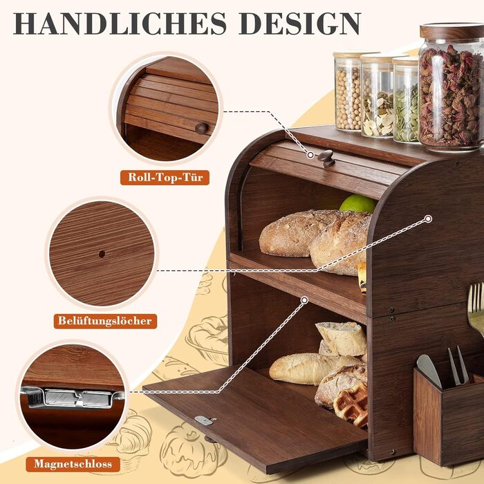 Brotbox з бамбука GUUSII HOME: велика, ретро, еко, з ролетним кришкою, двошарова, 38x25x36 см