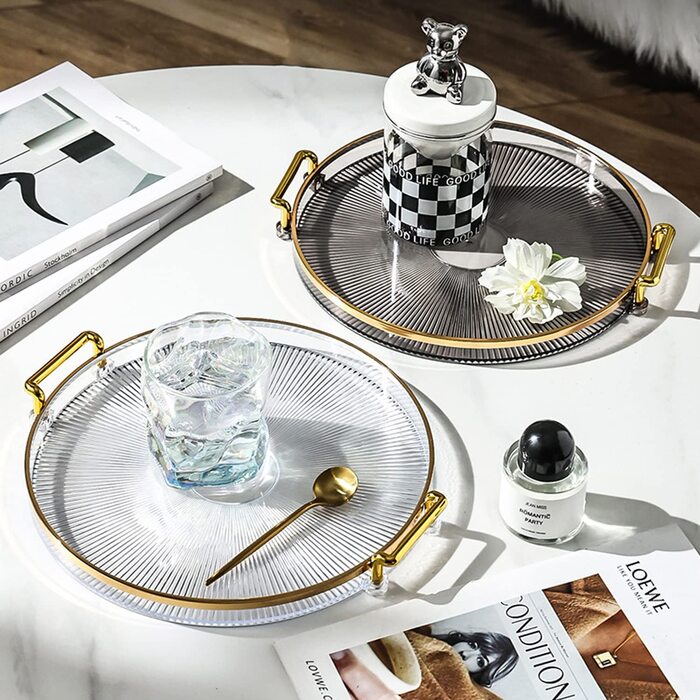 Round Serving Tray with Acrylic Handles, Golden Decorative Tray, Serving Tray for Coffee Table, Centerpiece, Kitchen, Large Metal Tray, Round Tray, Decorative Tray, Decorative Plate, Smoke Gray
