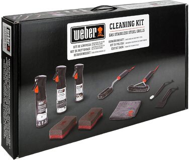 Weber Stainless Steel Grill Cleaning Set, includes: 3 Grill Brushes, Grill Grate & Stainless Steel Cleaner (300ml each), Non-Stick Spray 200ml, Microfiber Cloth, Scraper, 2 Cleaning Sponges (18284)