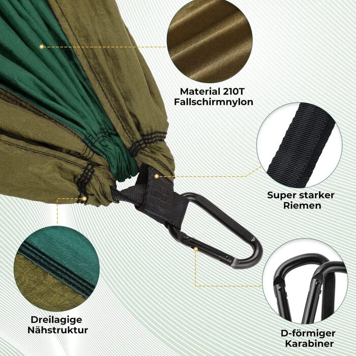 Гімніс Гамак Ultraleicht Outdoor для подорожей, 300x200 см, 300 кг, з мотузками та карабінами (темно-зелений - коричневий)