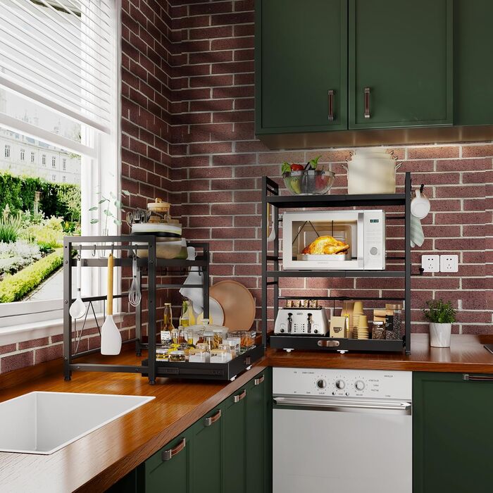 Регульована мікрохвильова полиця NETEL 2-ярусна, полиця над мікрохвильовою піччю, підставка для мікрохвильовки, кухонна полиця для стільниці, полиці для випічки, кухонна полиця з тримачем для напоїв та кошиком, чорна, висувна 40-60 см (3-ярусна з 2 тримач