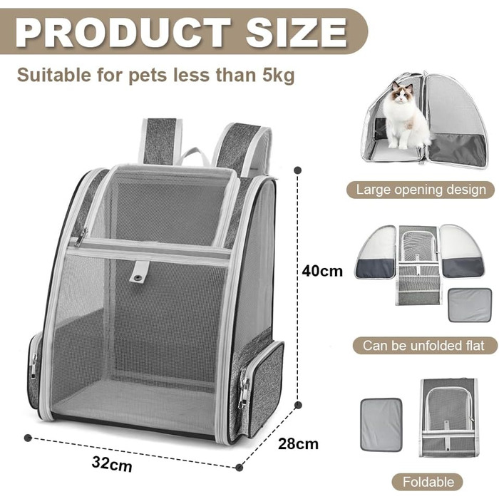 Рюкзак-переноска для кота/собаки, 40x32x28 см, сірий. Ідеально для тварин до 5 кг