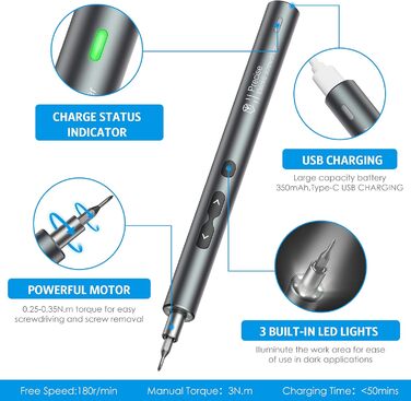 Ankilo Міні-електрошуруповерт 28-в-1: прецизійний набір викруток з LED-підсвічуванням для телефонів, годинників, ноутбуків (сірий)