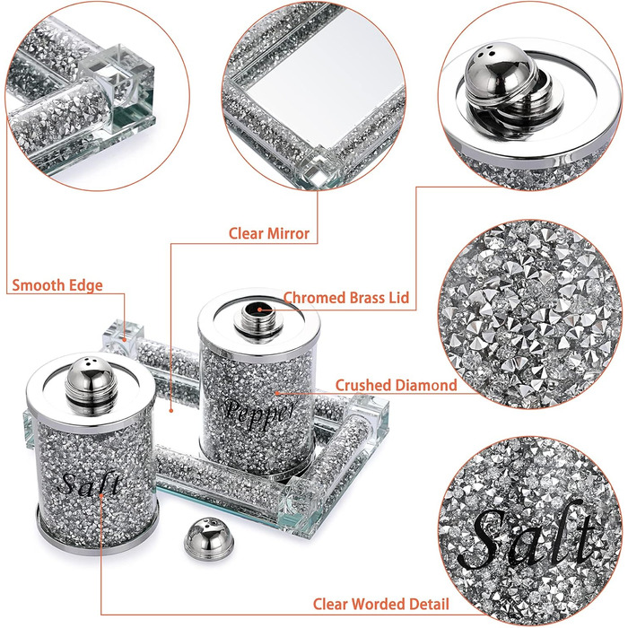 BTSKY Set of 3 Salt and Pepper Shakers with Tray, Crystal Glass, Crushed Diamonds, Salt and Pepper Containers, Storage Jar, Cooking Spice Glass, Kitchen Accessories