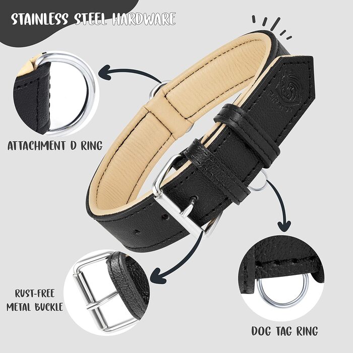 Riparo Genuine Leather Adjustable Dog Collar with Additional Reinforcement (XL: 4.5CM Wide for 53.4CM - 63.5CM Neck, Black)