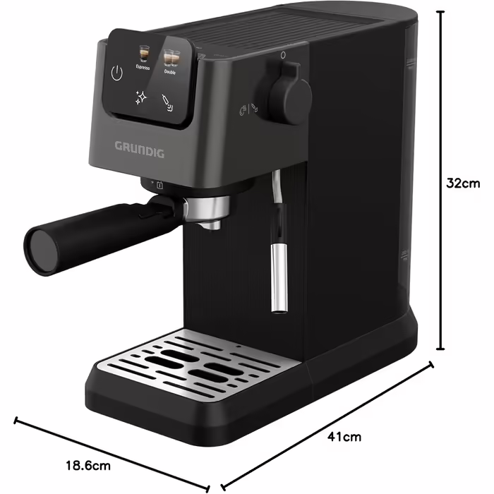 GRUNDIG KSM 4330 Espresso Machine with Milk Frother, for Ground Coffee, Removable Water Tank, Touch Display, 1626 W Power, Memory Function, Black