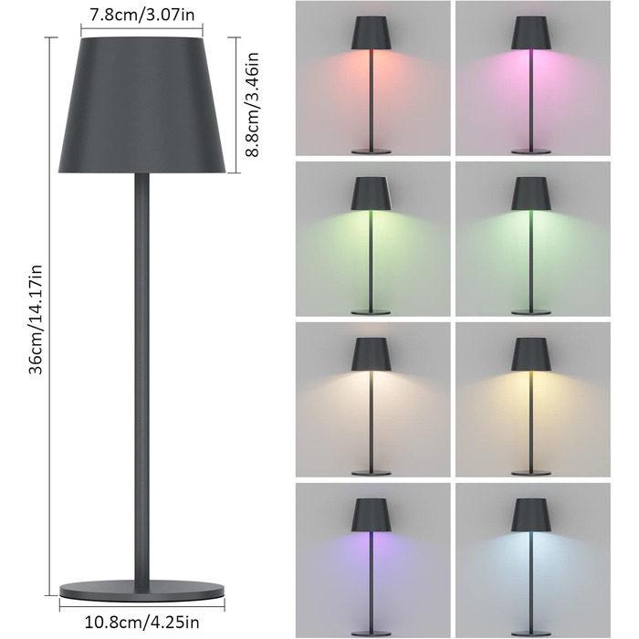 Настільна світлодіодна лампа K-Bright акумуляторна, димована, 2 шт., RGB, USB-C, алюмінієва, водонепроникна IP54, антрацит