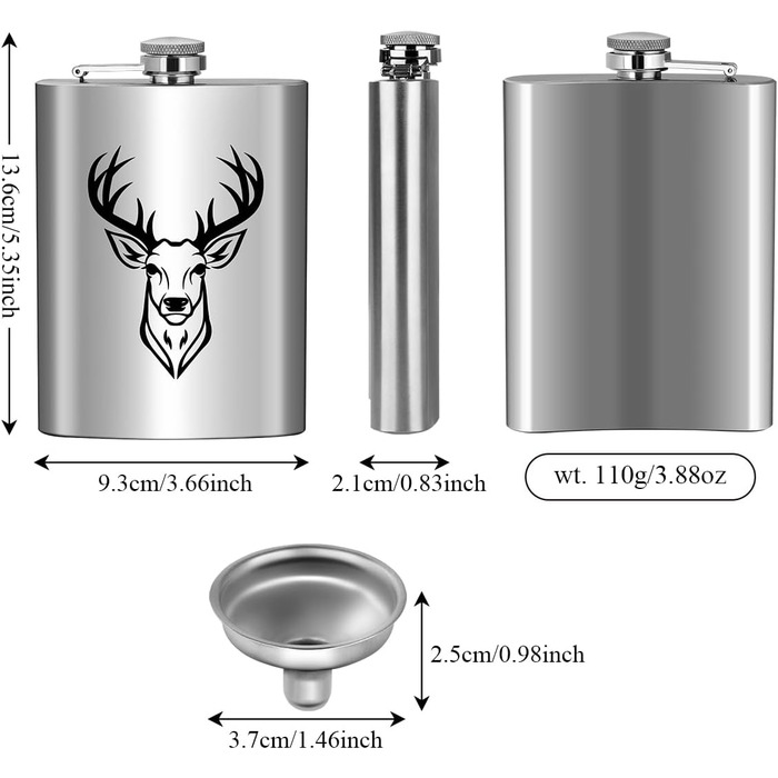 Фляга туристична 237мл з нержавіючої сталі, з воронкою та листівкою, чорна, з візерунком голови оленя, для кемпінгу, піших прогулянок та активного відпочинку