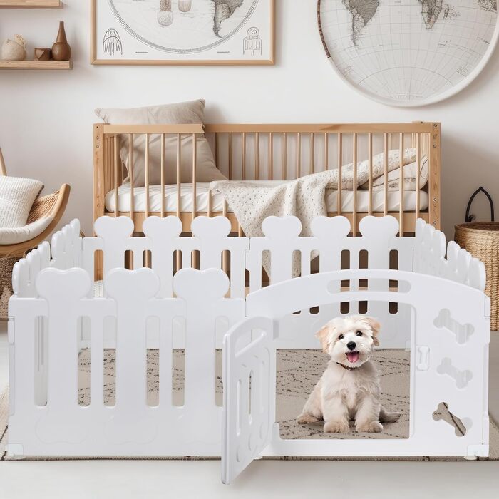 Льох для цуценят MAMIZO 60 см, огорожа для собак з пластикових панелей, портативна сітка для собак, загородження для собак з воротами, включає присоски та ґрунтові анкери, вольєр для собак для дому та вулиці (7+1, білий)