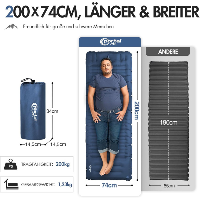 PORTAL Self-Inflating Camping Mat 10cm Thick Air Mattress Utraleicht with Foot Press Pump 18cm Thick Pillow Inflatable Mattress Outdoor Foldable Sleeping Mat 200*74cm for Camping Hiking Travel (Dark Blue)