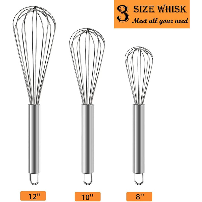 Набір вінчиків з нержавіючої сталі, 3 шт. (8', 10', 12') для приготування, збивання та змішування