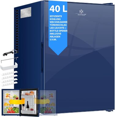 Міні-холодильник KESSER® Minibar 40L з дверцятами з прозорого скла, Navy Blue - ідеальний для кемпінгу, офісу, спальні, готелю, кухні. Безшумний, з можливістю зміни дверцят та внутрішнім освітленням, з відкривачем для пляшок.