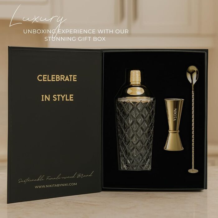 Набір шейкерів для коктейлів Gold - 5 шт., 450 мл, з ситом, мірний стаканчик та ложка для змішування, подарункова коробка