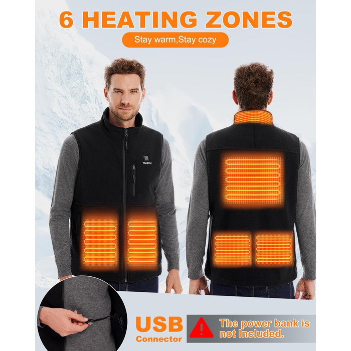 Електрична гріюча жилетка для чоловіків Polar Fleece, 6 зон нагріву, USB, Outdoor, XL, Чорний