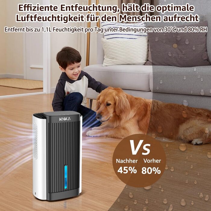 Електричний осушувач повітря KNKA, 1.1 л, тихий (28dB), для дому, ванної кімнати, підвалу, з автовимкненням та нічним режимом, кольорове підсвічування (білий), чорно-білий