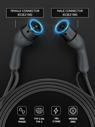 Кабель для зарядки електромобіля Bokman Typ 2, 11kW, 16A, 3-фазний, 8м, Modus 3 (Typ 2 на Typ 2) з сумкою та мікрофіброю