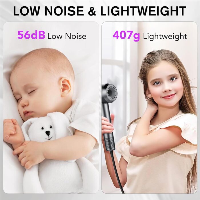 Фен Haartrockner з іонізацією 160 000 об/хв, 200 млн негативних іонів, термоконтроль, з насадкою-дифузором, сірий