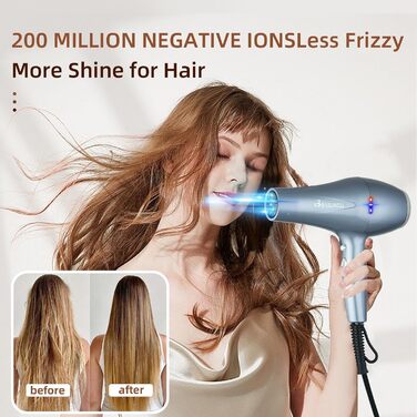 Фен Basuwell Ionen Pro 2100W з дифузором: 3 режими, 2 швидкості, інфрачервовий, AC-двигун (срібний)