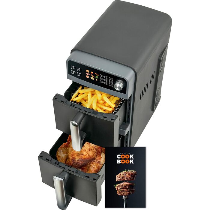 Аерофритюрниця 10L Double Stack XL | 2400W, 2 камери, сіра | Фритюрниця без олії з синхронізацією та 9 програмами