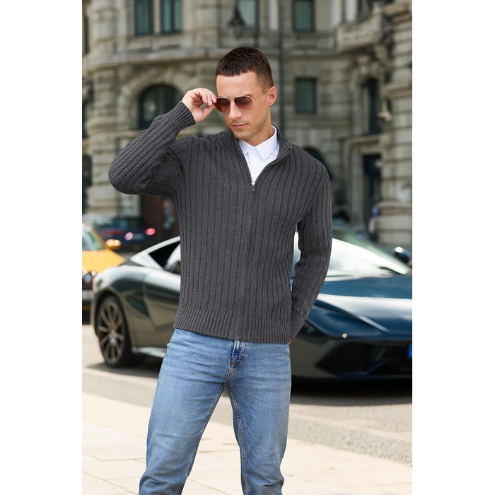 Чоловічий в'язаний кардиган NITAGUT з капюшоном, теплий, в'язаний пуловер, вінтажний, з блискавкою, темно-синій, темно-сірий (S)