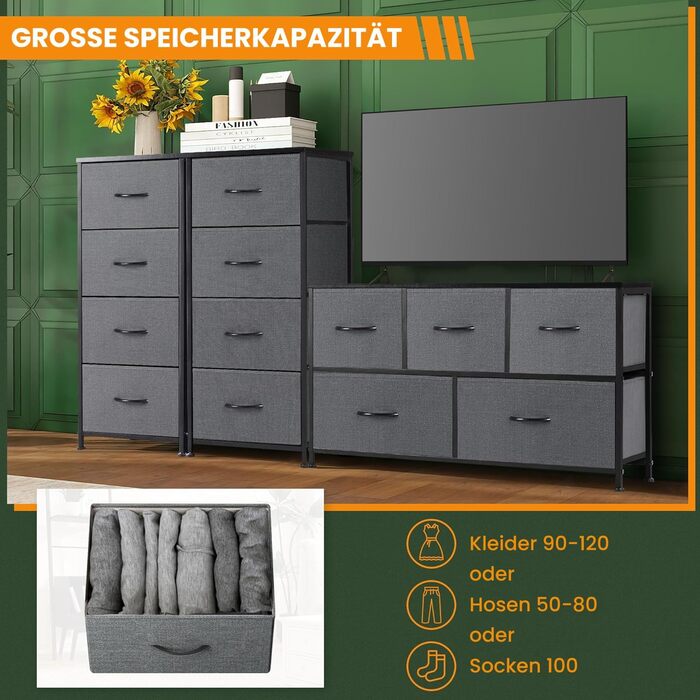 DUMOS Chest of Drawers with Drawers - Chests of Drawers & Sideboards for Bedrooms Suitable, Chest of Drawers with 9 Drawers, Fabric Chest of Drawers with Sturdy Steel Frame, Ideal for Bedroom, Living Room (Black) (4 Drawers Gray)