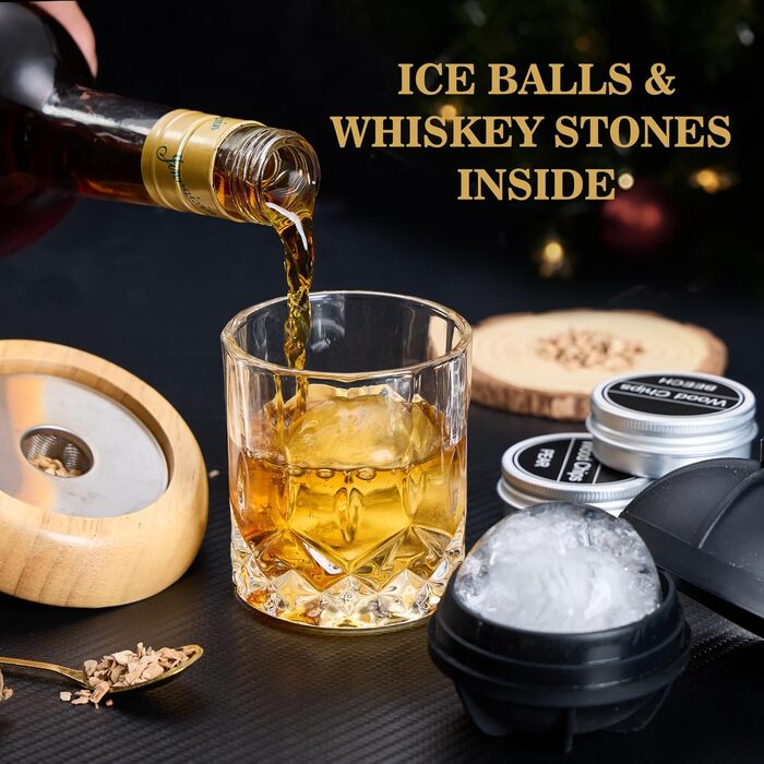 Набір для димування коктейлів та віскі – 6 видів деревини, ліхтарик, генератор диму (без бутану) – покращений нагрівач, 2 форми для льоду, 6 гранітних каменів