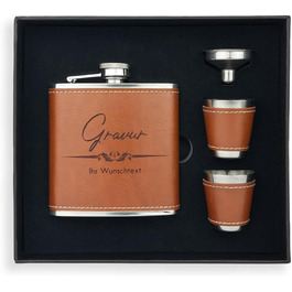 Гравійований фляготримач у шкіряній обкладинці з 2 чашами та воронкою в подарунковій коробці