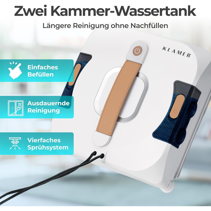 Робот для миття вікон KLAMER 3500 Pa: автоматичний очищувач з резервуаром для води 100 мл, режим вологого очищення, виявлення країв, тихий (60 дБ), захист від падіння, смарт-планування траєкторії, білий