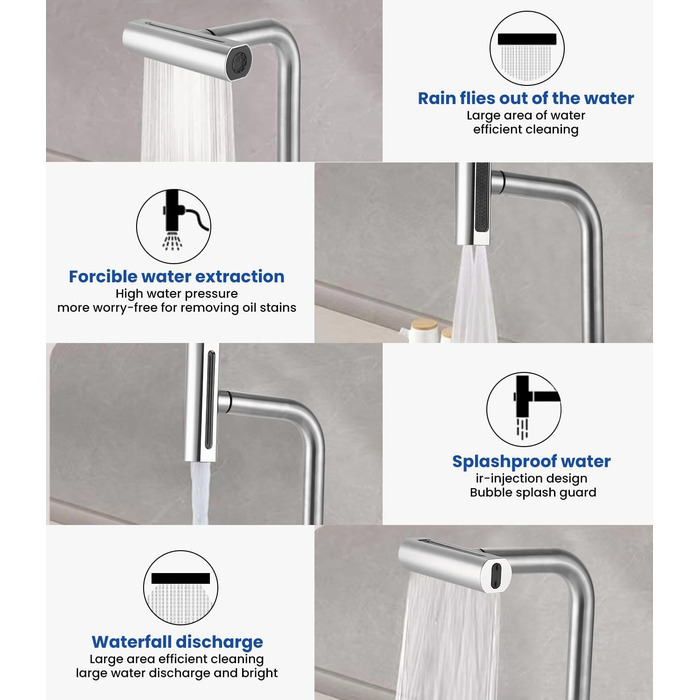 Висувний змішувач для кухні з 4 режимами – нержавіюча сталь, водоспад, високий тиск, 3/8 дюйма, для мийки