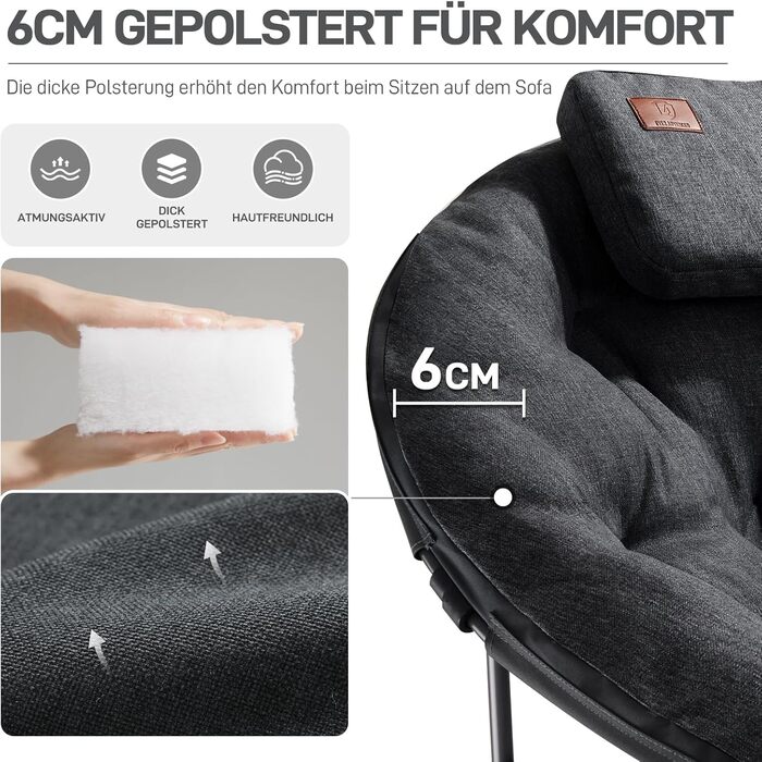 Крісло-місяць EVER ADVANCED Luxus XXL для кемпінгу, складне, до 150 кг, чорне. З подушкою, для саду, балкону, приміщення.