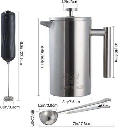 Набір для приготування кави френч-прес, 1 літр, з молочний спінювач, з нержавіючої сталі, термоізольований