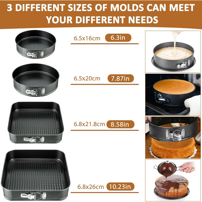 Набір форм для випічки 4 шт. (16/20 см круглі, 22/26 см кутові), вуглецева сталь з антипригарним покриттям, знімний дно, сірий