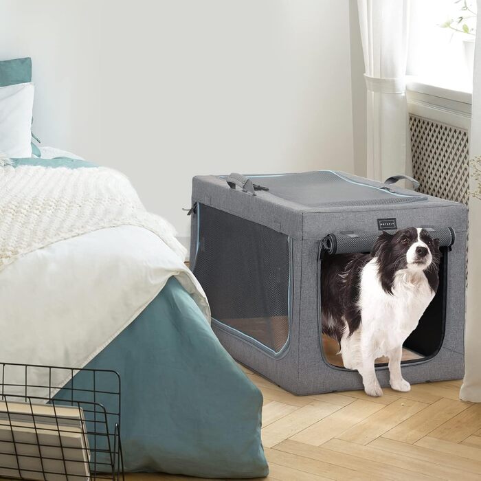 Клітка для собак Petsfit, сіра, розкладні, для дому та транспортування, розмір L (76x50x49 см), з м'якою підстилкою та міцними сітчастими вікнами