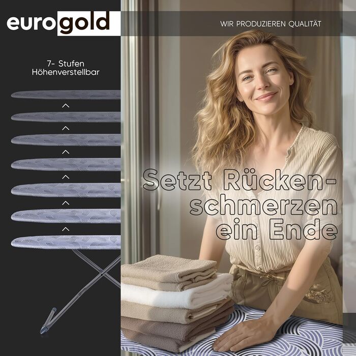 Прасувальна дошка EUROGOLD® Premium 120x42 см з підставкою для праски - стабільна, регульована по висоті, з покриттям з 100% бавовни сірого кольору