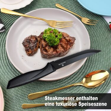Набір столових приборів на 6 осіб, Targzier, 36 предметів, нержавіюча сталь, з ножем для стейку, високоякісний столовий прибор, ложки, виделки, ножі для сім'ї/вечірки/готелю, чорний, придатний для миття в посудомийній машині, 36 предметів, золотий прибор 