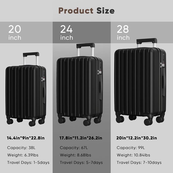 Набір валіз SHOWKOO 2 шт. з жорстким корпусом (65см + 75см), розширюваний, ультралегкий, полікарбонат, з TSA замком та 4 колесами (Чорний, XL/75см)