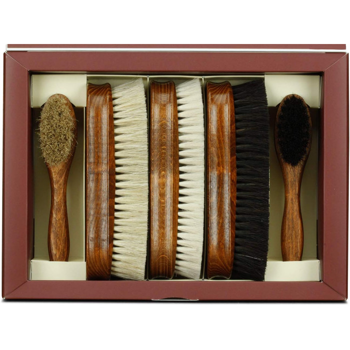 Langer & Messmer 4-Piece Shoe Brush Set made of Horsehair for professional shoe care of smooth leather shoes - includes polishing brushes and cream brushes (5-piece set, Premium)