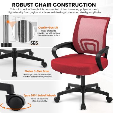Офісне крісло Yaheetech ергономічне з сітчастою спинкою та підлокітниками, поворотне, для начальника, з функцією гойдання, регульоване по висоті, до 136 кг, червоне